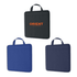 A padded nylon stadium cushion in black, blue, and navy, featuring a handle and a logo on one side.