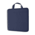 A padded nylon stadium cushion in navy blue with a handle and a subtle logo.