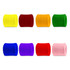 Terry wrist sweatbands in various colours: yellow, red, orange, green, blue, purple, red, and pink, with a logo.