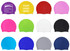 Silicone swimming caps in various colours including purple, pink, green, white, black, blue, and grey, with a logo on one.
