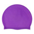 A purple silicone swimming cap featuring a smooth texture and a rounded design. It has a logo on its surface.