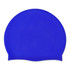 A blue silicone swimming cap featuring a smooth surface and an edge for comfort. It includes a branding logo.