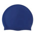 A silicone swimming cap in navy blue with a smooth texture and a subtle branded logo.