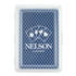 A set of playing cards in a clear plastic case, featuring a blue design with a logo and card graphics.
