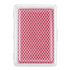 A set of red playing cards in a clear plastic case, featuring a diamond pattern.