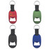 A drink bottle opener keyring in red, green, black, and blue, featuring a circular keyring and a logo.