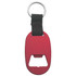 A drink bottle keyring in red with a black strap, featuring a bottle opener and a metal ring for attachment.