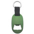 A green metal keyring with a bottle opener and a black fabric attachment loop. It includes a silver keyring.