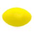 A yellow football-shaped stress toy with a smooth surface and a rounded design. It features a logo on one side.