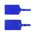 A blue PU leather luggage tag featuring a buckle strap and a logo. It has a smooth finish and a simple design.