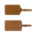 A PU leather luggage tag in a tan colour, featuring a buckle strap and a back pocket for personal information.