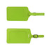 A bright green PU leather luggage tag featuring a buckle strap and a slot for identification.