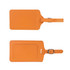 An orange PU leather luggage tag featuring a buckle strap and a slot for identification.
