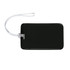A black luggage tag with a clear strap. It has a smooth surface and a transparent attachment.