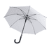 A white umbrella with a curved black handle and a sturdy frame, featuring a logo on the canopy.