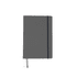 A grey A5 notebook featuring a black elastic band and two ribbon bookmarks, with a logo on the cover.