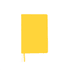 A bright yellow A5 notebook featuring a smooth cover and two contrasting bookmarks. It has a logo on the cover.