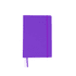 A purple A5 notebook with a contrasting elastic band and a ribbon bookmark. Features branding on the cover.