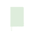 A mint green A5 notebook with a ribbon bookmark and a smooth cover, featuring a logo on the front.
