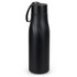 A drink bottle in matte black with a twist top and a carry strap, featuring a simple design.