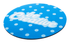 A round blue neoprene mouse pad with white polka dots and a logo featuring the text "be Creative."