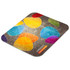 A colourful neoprene mouse mat featuring abstract shapes in blue, yellow, orange, and purple on a grey background.
