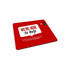 A red mouse mat featuring a white rectangular space with text and a logo, promoting support services.