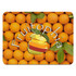 A vibrant orange mouse pad featuring a background of oranges and a colourful fruit-themed logo.