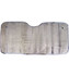 A foldable car sunshade in silver with a textured surface, featuring cutouts for rear-view mirrors and a logo.