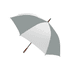 A grey and white golf umbrella with a wooden handle and a black frame, featuring a logo.