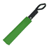 A green umbrella in a matching sleeve with a black handle and a loop for hanging.
