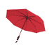 A red umbrella with a black handle and spokes, featuring a logo on the handle.
