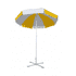 A beach umbrella in yellow and white with a sturdy base. It features eight panels for shade and a centre pole.