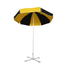 A beach umbrella with a yellow and black striped canopy and a silver metal frame. It has a logo on the base.