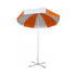 A beach umbrella with orange and white panels, featuring a sturdy white pole and a four-pronged base.