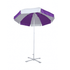 A beach umbrella with a purple and white canopy, featuring a sturdy white pole and a cross base.