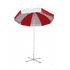 A beach umbrella with red and white stripes and a white pole, featuring a cross base for stability.