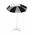 A beach umbrella featuring a black and white canopy with a sturdy white pole and a cross-shaped base.