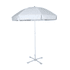 A white beach umbrella with a sturdy white pole and a four-legged base, suitable for outdoor leisure.