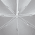 A white beach umbrella viewed from below, featuring a central pole and ribbing structure.