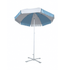 A beach umbrella with a blue and white striped canopy, featuring a sturdy white pole and base.