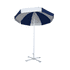 A beach umbrella with a navy blue and grey canopy, featuring a white pole and a cross base for stability.