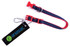 A red and blue dog collar and lead featuring a clip and a tag with branding.