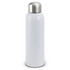 A drink bottle in sleek white with a stainless steel cap, featuring a simple design and a logo.
