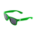 Green sunglasses with dark lenses and a logo on the side. Ideal for outdoor leisure activities.