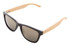Sunglasses featuring a black front and wooden-style arms, with a logo on the side.