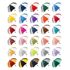 A collection of golf umbrellas in various colours, each with a curved design and a black handle. Some feature logos.