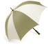 A large golf umbrella in olive green and cream, featuring a curved handle and a logo on the canopy.