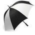 A black and white golf umbrella with a sturdy handle and a logo on the canopy.