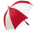 A red and white golf umbrella with a black handle, featuring a single logo on the canopy.